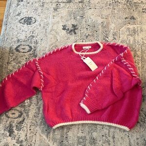 Vibrant Pink Crew Neck Sweater with White Accents